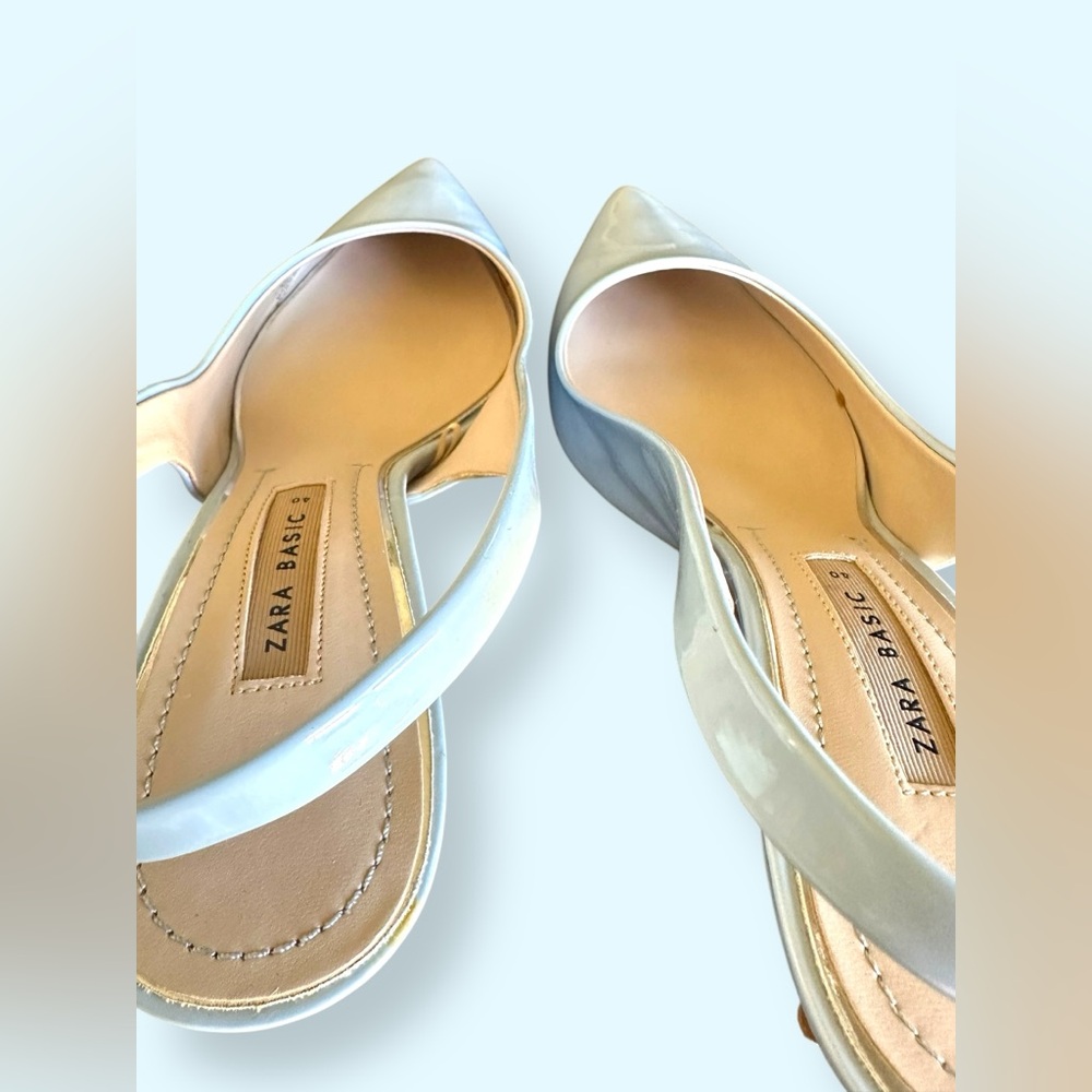 ZARA Basic Sky Blue Patent Slingback Heels Women’s 40 Pointed Toe Kitten Pumps - Picture 6 of 8